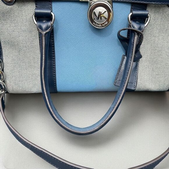 Michael Kors Hamilton Mono Stripe Canvas/Leather Satchel - Navy & Light Blue - Picture 7 of 11